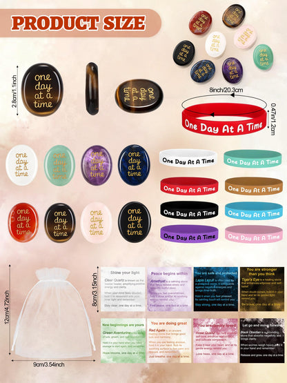 Soulchen 16 Sets Thumb Worry Stones for Anxiety Stress Relief Items Chakra Stones One Day at a Time Bracelet Meditation Reiki Spiritual Gift for Women Men Cancer Addiction Recovery Sobriety