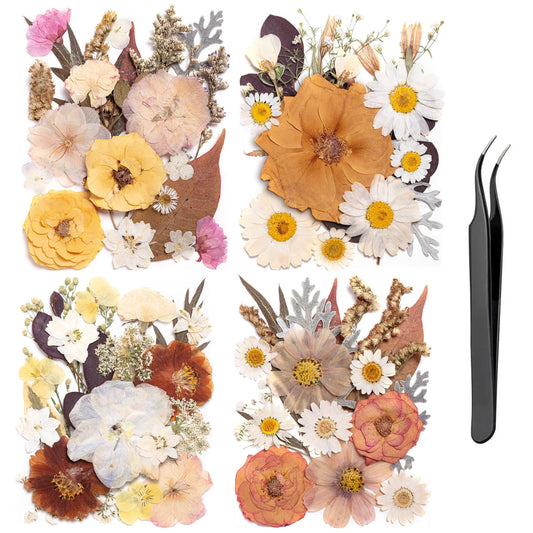 90pcs Boho Pressed Flowers Bulk, Vintage Dried Flower Leaves, Natural Fall Pressed Dried Flowers with Tweezer for DIY Crafts Resin Mold Candles Cake Bridal Scrapbooking Supplies