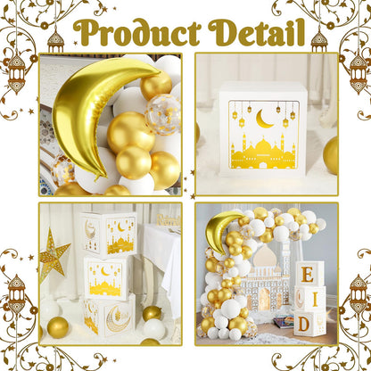 Eid Mubarak Decoration for Home 2026 - 89 White Gold Balloon Arch with Eid Mubarak Star Balloons,Star Moon Balloon Boxes,Ramadan Party Supplies Decorations for Ramadan Festival