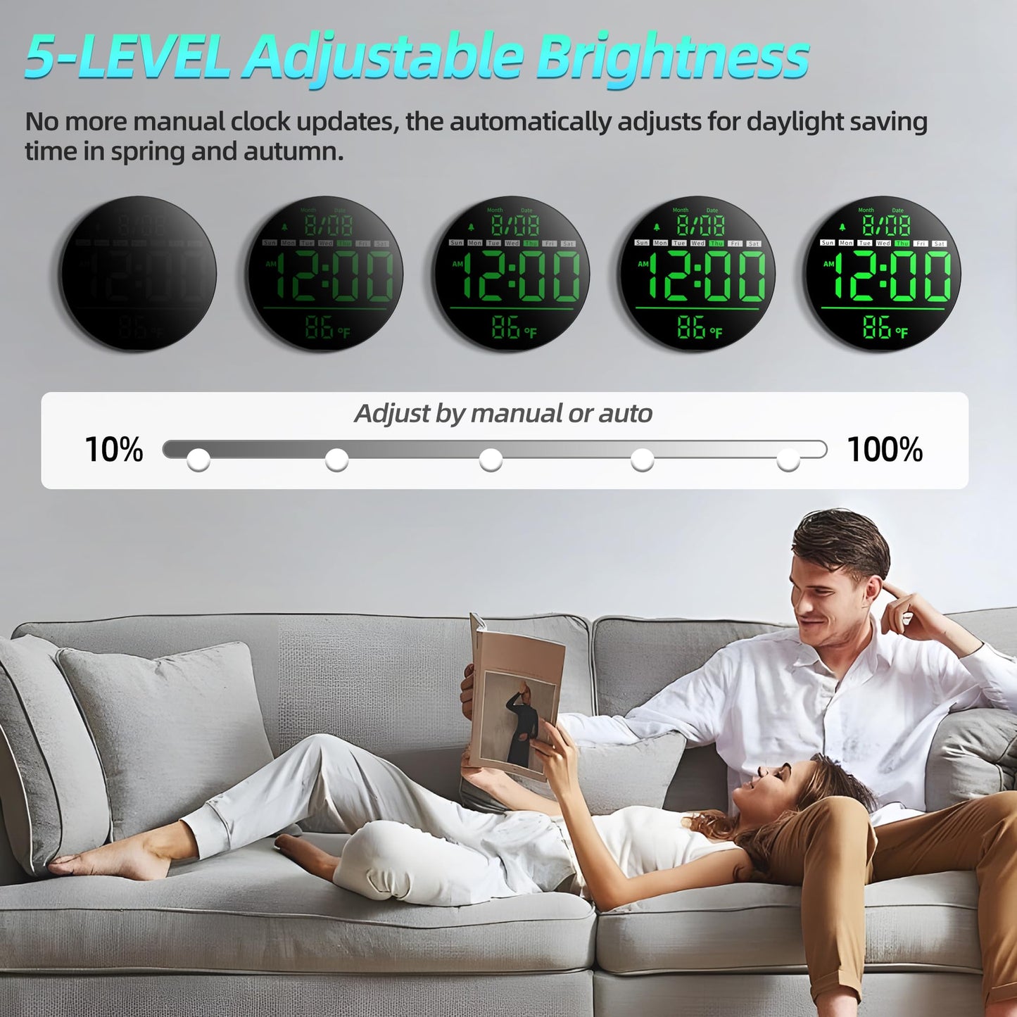 Jassurance 8in Round Digital Wall Clock, Large LED Display, Auto DST, Temperature, Alarm Clocks for Living Room, Bedroom, Office, Classroom, Gym Countdown Timer