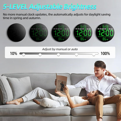 Jassurance 8in Round Digital Wall Clock, Large LED Display, Auto DST, Temperature, Alarm Clocks for Living Room, Bedroom, Office, Classroom, Gym Countdown Timer