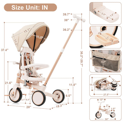 Merax 7-in-1 Toddler Trike Collapsible Frame Kid Rider Tricycle with Removable Pedal Ages 1Y-6Y