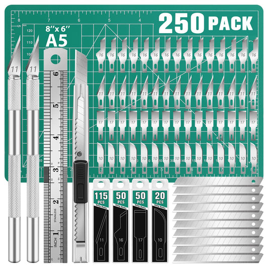 DIYSELF 250 Pcs Exacto Knife, Craft Knife, Hobby Knife, Precision Knife, Exacto Knife for Crafts, Modeling, Scrapbooking, 2 Exacto Knives with Extra 235 Exacto Blades (#11#10#16#17)