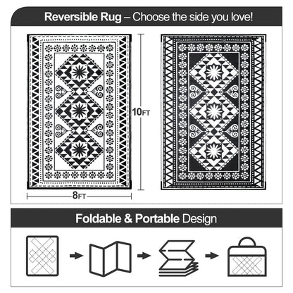 Waterproof Outdoor Rug 8x10ft, Reversible Plastic Straw Mat Rugs for Patio RV Deck Porch Backyard Balcony Camping Picnic Beach Indoor Outdoor Carpet, Black&White