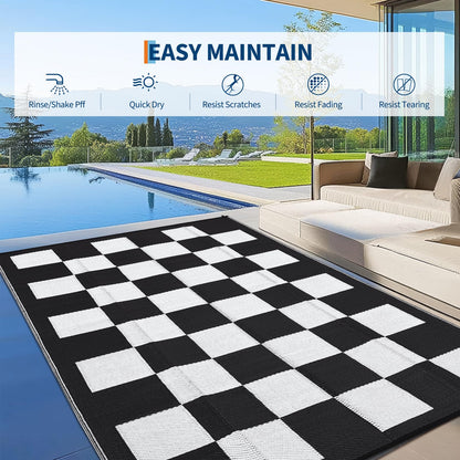 Jojoka Large Waterproof Outdoor Rug, Reversible Plastic Straw Mat, Modern Checkered Plaid Carpet, UV-Resistant & Collapsible for Patio Deck Camping, Easy Clean Outdoor Area Rug