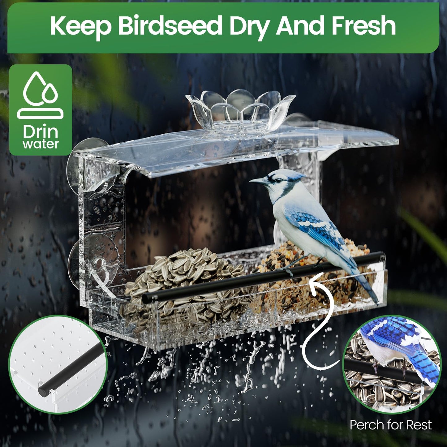 TC-DCDM Window Bird Feeder for Outdoors-Clear Acrylic Window Bird Feeders with Strong Suction Cups and Removable Seed Tray,Transparent Birdhouse for Viewing Wild Birds, Ideal Outside Gardening Gifts