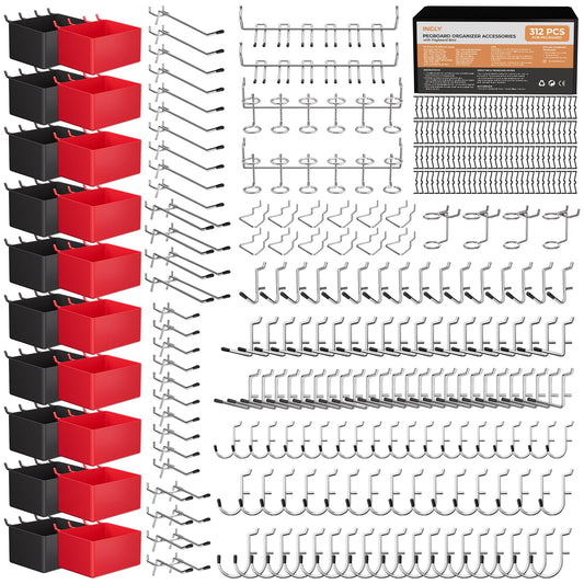 INCLY 312PCS Peg Board Organizer Accessories Kit, Pegboard Hooks Assortment with 20 Bins for Organizing Various Tools, Fit 1/8 or 1/4 inch Pegboard for Hanging Storage, Garage, Workbench, Craft Room