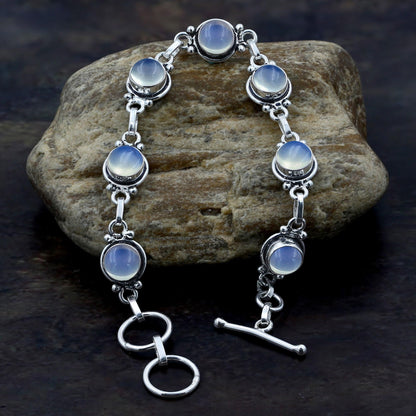 Synthetic Opalite 925 Silver Plated Round Gemstones Adjustable Bracelet for Women - Vintage Bohemian Style Handmade Link Bracelet - Wedding Gifts for Mom Wife Her