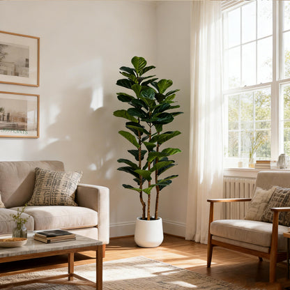 Joyplants 5ft Fake Fiddle Leaf Fig Tree, Realistic Fake Plants with Natural-Looking Trunk, Evergreen Faux Plants Indoor for Home & Office Decor（3 Poles, White Pot）