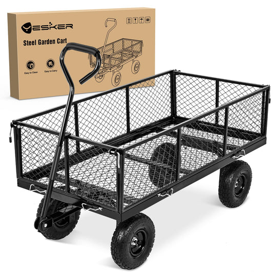 Yesker Steel Garden Carts - 1100lbs Dump Wagon with All Terrain Inflatable Wheels for Yard Lawn Farms Gardening - Heavy Duty Utility Outdoor Hauling Wheelbarrow