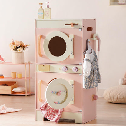 ROBOTIME Kids Washer and Dryer Playset – Wooden Laundry Pretend Play Set with Ironing, Color Beads Drum, Toy Washing Machine & Dryer Set for Toddlers Ages 3+, Gift for Boys and Girls