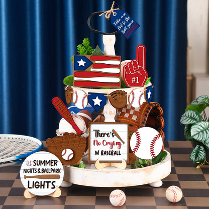 FairySandy 13 Pcs Baseball Tiered Tray Decor Wooden Baseball Table Centerpieces Decor Rustic Wooden Sport Game Sign for Fans Theme Party Supplies