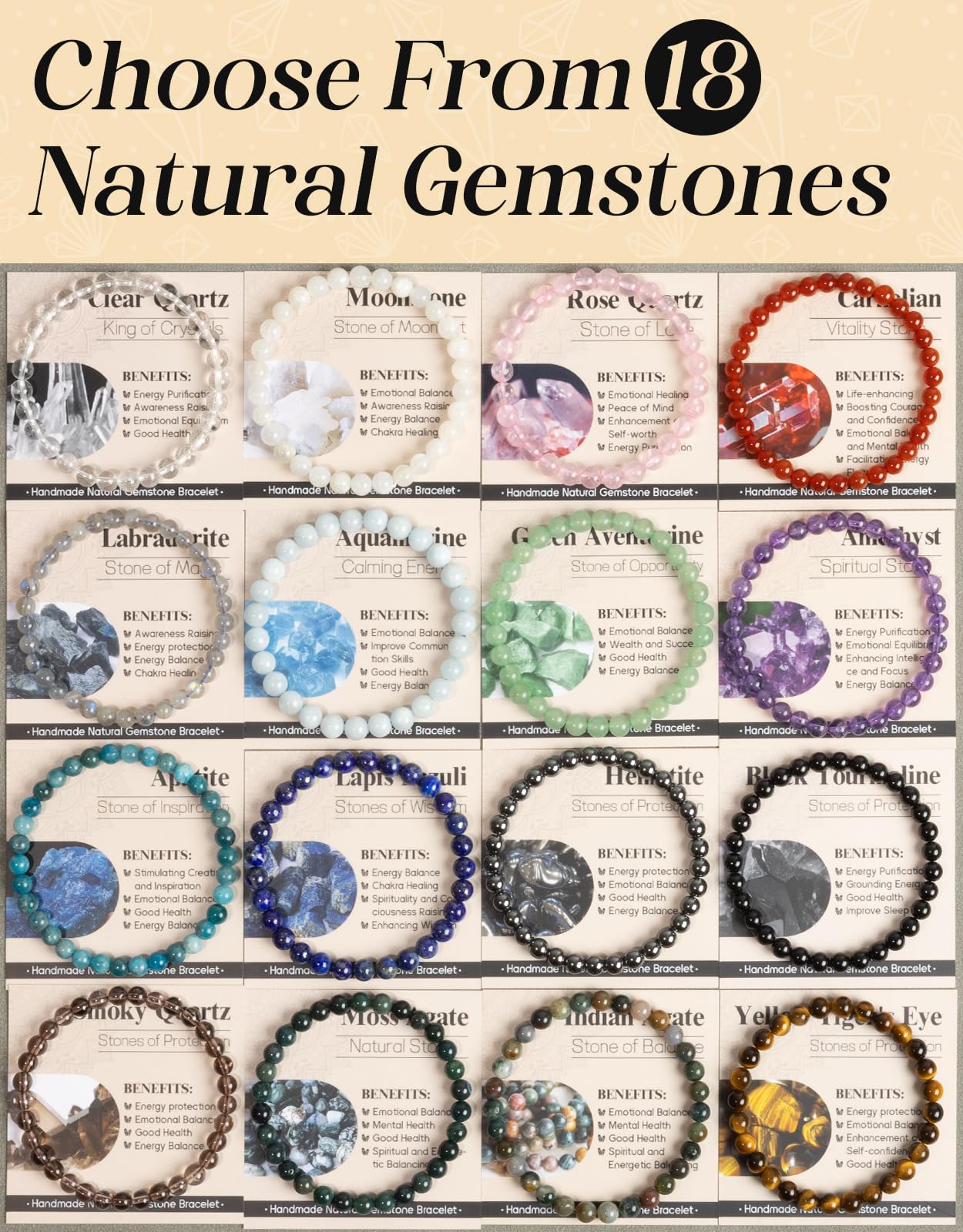Landorilo Beaded Bracelet for Men Women, 6mm Natural Stone Clear Quartz Healing Crystal Stretch Bracelets, Ideal Christmas Birthday Jewelry Gifts with Energy Card，Replacement Beads Included