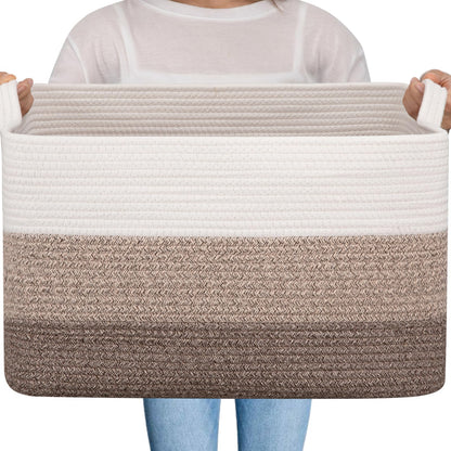 OIAHOMY Large Blanket Basket, 65L Cotton Rope Woven Laundry Basket, Toy Bin for Baby Room, Container for Blanket Storage in Living Room, 20''×16''×12'', Gradient Brown