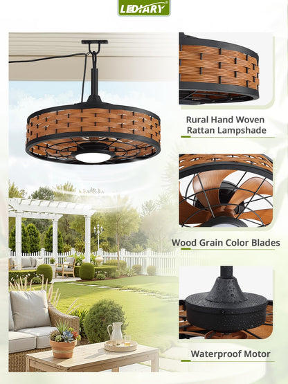LEDIARY 20" Outdoor Ceiling Fans with Light for Patios, IP65 Waterproof Gazebo Fan, Boho Rattan Plug in Ceiling Fan Remote&APP Control, 3CCT Dimmable, 6-Speeds, Caged Fan for Gazebo,Patio,Porch