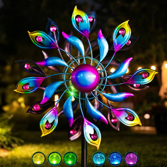 52'' Solar Wind Spinner Outdoor Metal - Kinetic Garden Wind Sculptures with Multi-Color Changing LED Glass Ball, Peacock Tail Design Yard Art Stake Decor for Patio, Lawn, Pathway Decoration
