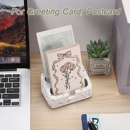 Hipiwe Business Card Holder Stand for Desk, 2 Slots Terrazzo Business Name Card Display Stand for Women Men Desktop Concrete Business Card Organizer for Office, Fits for 100 Business Cards