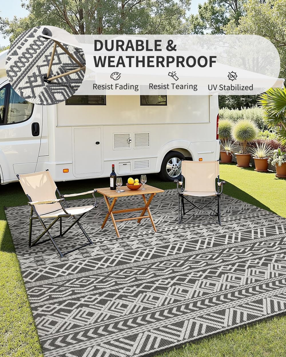 MontVoo Outdoor Rug 8x10 Waterproof Outdoor Patio Rug Mat Reverisble Plastic Straw Outdoor Rug for RV Camping Picnic Beach Balcony Boho Grey