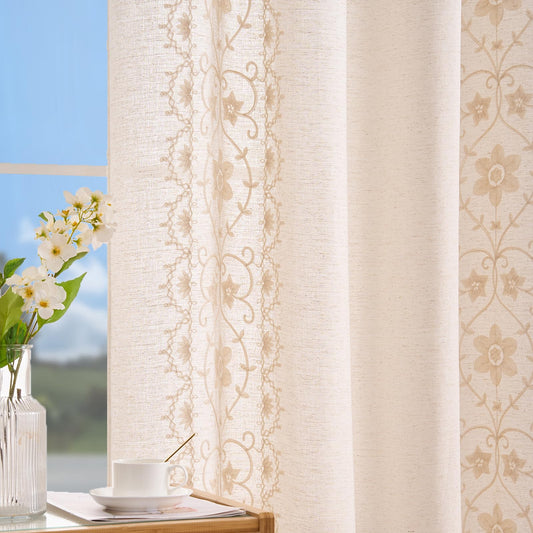 Beige Farmhouse Curtains for Living Room Ivory Boho Linen Curtains 84 Inches Long 2 Panels for Bedroom Vintage Floral Embroidered Drapes Cream Light Filtering Grommet Window Drapes Ivory on Beige