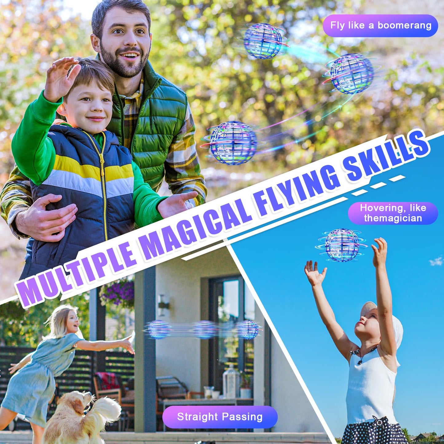 RIEYON Flying Orb Ball 2025 Hover Boomerang Ball 6 Lighting Effects Cool Toys Gift for 678910+ Year Kids Teen Adults Indoor Outdoor Flying Toy（Blue & Blue）