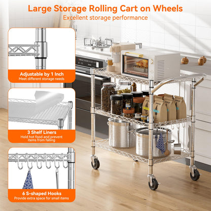 NTE 3 Tier Heavy Duty Rolling Utility Cart on Wheels, 990Lbs Capacity Rolling Wire Cart, Kitchen Carts on Wheels, NSF Commercial Metal Serving Cart with Handle and Shelf Liners for Kitchen, Restaurant