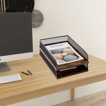 Set of 2 Vintage Wood & Metal Letter Tray，Desk Organizers Paper Tray，Office File Organizer(Black)