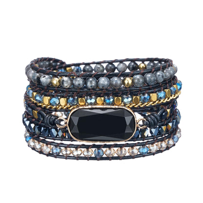 Plumiss Black Onyx Wrap Bracelet for Women Men, Handmade Leather Beaded Bracelet with Natural Black Onyx Crystals, Bohemian Gemstone Statement Bracelet Adjustable Boho Jewelry Gift