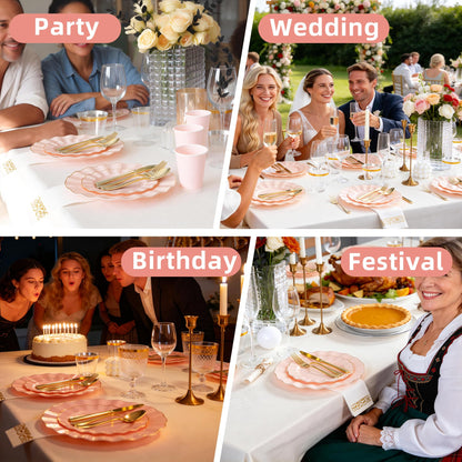 QualQuot 175PCS Gold and Pink Plastic Dinnerware Set, Plastic Party Plates for 25 Guests, 50 Disposable Plates, 25 Heavy Duty Silverware, 25 Cups, 25 Napkins for Mother's Day, Party and Wedding