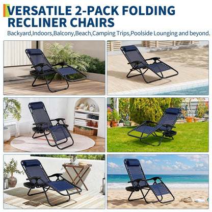 Garvee Outdoor Reclining Lounge Chair Set of 2 with Cup Holder & Padded Headrest, Adjustable Patio Folding Chairs, Heavy Duty Portable Camping Lawn Chairs for Pool, Backyard, Beach, Deck Blue
