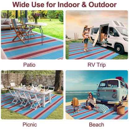 Lahome Striped Outdoor Rug 8x10 Patio Waterproof, Reversible Outdoor Plastic Straw Rug for Camping, RV Patio Rugs Outside Large Carpet for Porch Deck Backyard Picnic(Blue/Red,8'x 10')
