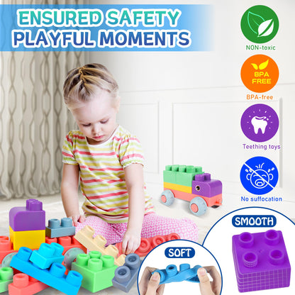 ROHSCE Baby Soft Blocks Set, Big Building Block Toys, Soft Rubber Blocks for Babies 6 Months and Up STEM Educational Toddler Gifts, Baby Soft Blocks Sensory Stacking Toys, 80PCS