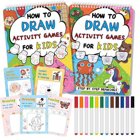 Kalysky 2Set Reusable Draw Books for Kids,Activity Book for Kids 3-6 6-8,Dry Erase Travel Games for Kids Ages 4-8,Travel Coloring Kit for Kids,Reusable Scribble Books with Markers
