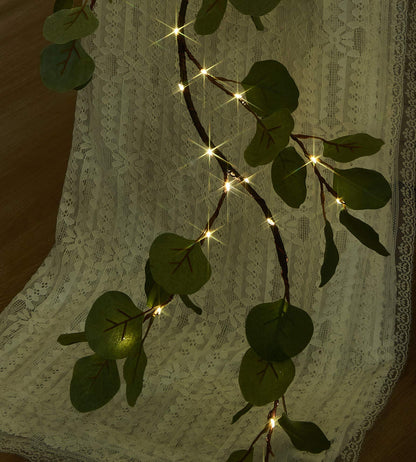 Hairui Lighted Artificial Eucalyptus Garland 6FT 96 LED Battery Operated Faux Vine Lights with Timer for Spring Wedding Backdrop Wall Decor