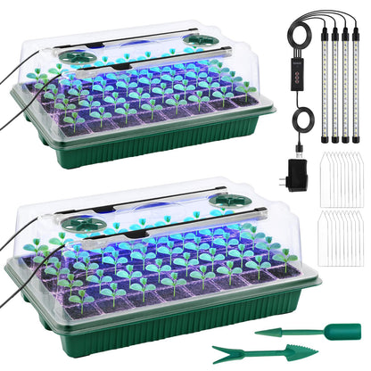 NEWKITS 2 Packs Starter Tray with Grow Light, 80 Cells Seed Starter Kits with Humidity Dome and Base Plant Germination Seedling Starter Kit with Smart Timer for Indoor Greenhouse Wheatgrass Hydroponic