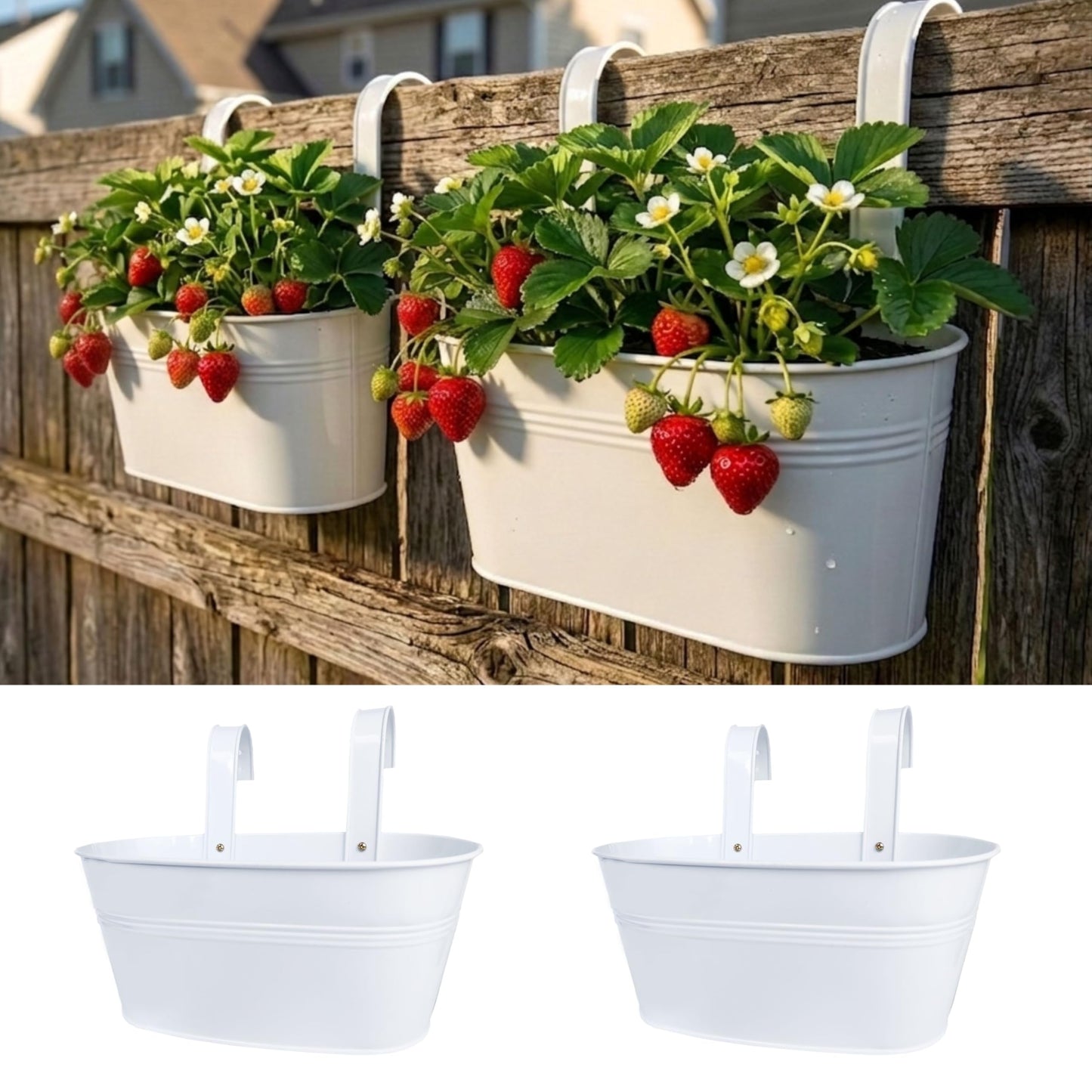 LaLaGreen Rail Planters for Outdoor (2 Pack, 11.2 Inch) White Metal Iron Hanging Flower Pots, Strawberry Planter Deck Railing Fence Bucket Wall Mount Window Box Plant Holder with Hooks Porch Decor