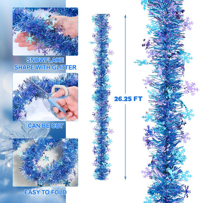 Blosssound 26 Feet Blue Purple Snowflakes Tinsel Garland Glitter Metallic Tinsel Twist Banner Shiny Iridescent Garland for Indoor Outdoor Ceiling Wall Christmas Tree Birthday Party Decorations