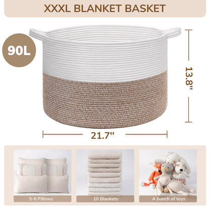 INDRESSME XXXLarge Blanket Basket for Living Room 21.7" x 21.7" x 13.8"-Storage Basket with Handle for Organizing Toy Pillows Woven Cotton Rope Laundry Basket Stuffed Animal Toy Storage for Play Room