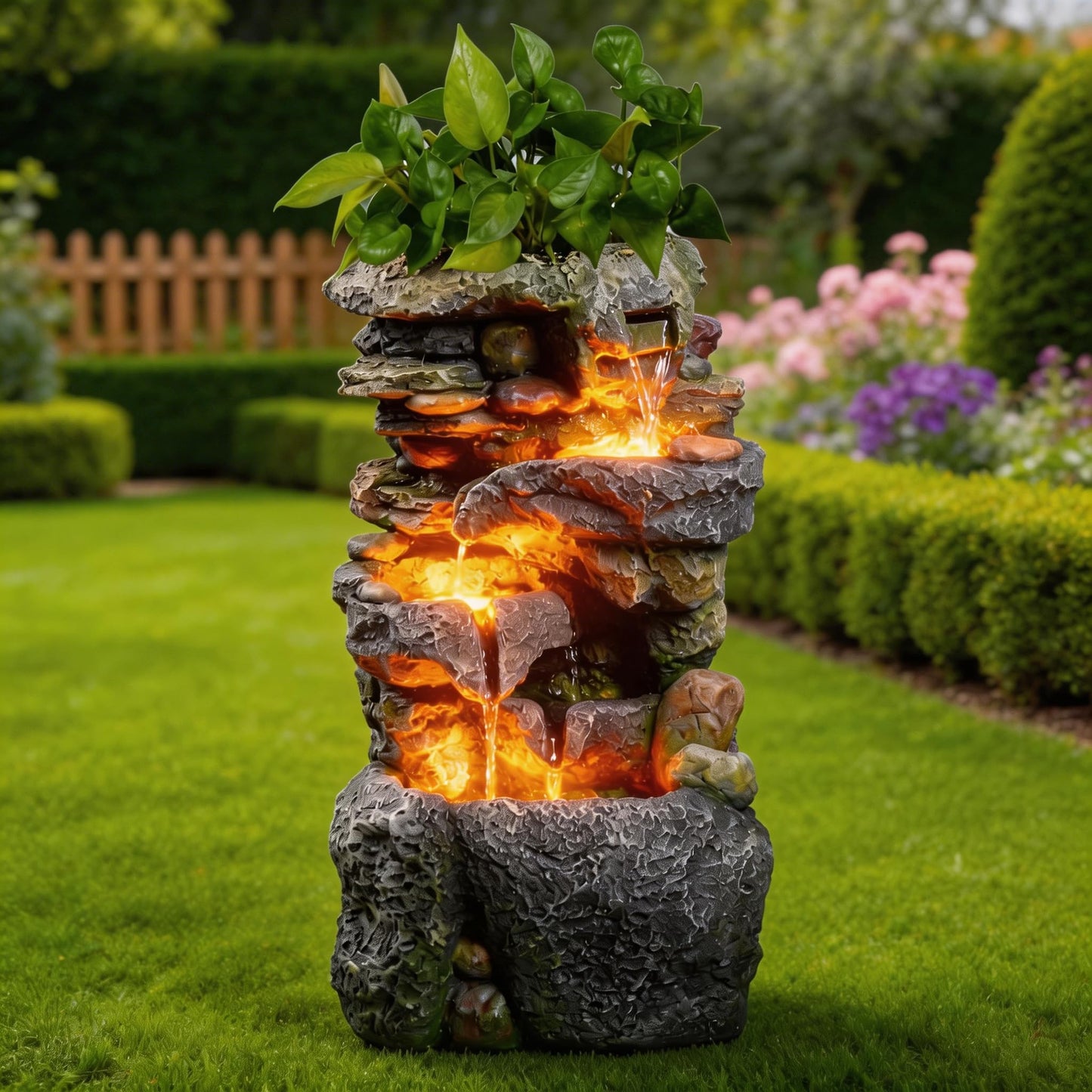 23" Tall Outdoor Water Fountain with Built-in Planter, 3-Tier Cascading Rock Waterfall with Warm LED Lights, Relaxing Zen Garden Fountain Decoration for Patio, Yard, Porch & Deck
