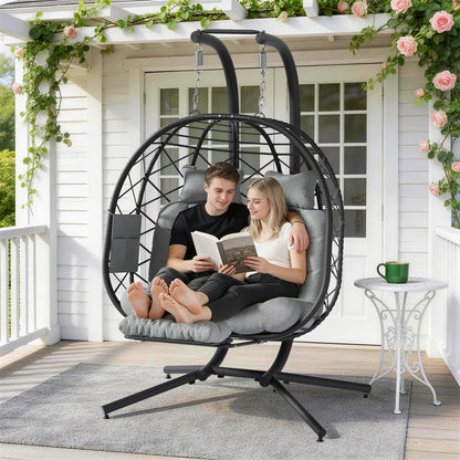 Suteck Double Hanging Egg Chair with Adjustable Footrest & Stand, Indoor Outdoor 2 Person Wicker Egg Swing Chair with Cushion, 660lbs Capacity for Patio, Bedroom, Garden - Grey