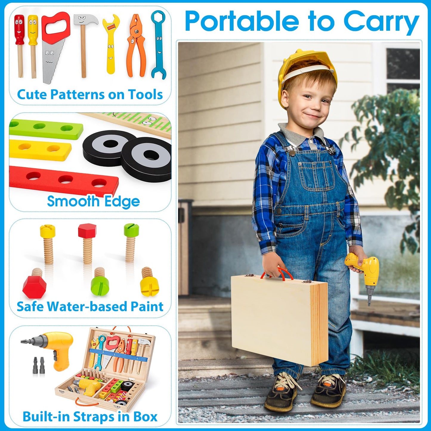 Kids Tool Set with Electric Drill, 46 Pcs Wooden Toddler Play Tools Set with Tool Box, Montessori STEM Educational Construction Building Toy for 3 4 5 6 Year Old Boys Girls Birthday Gifts
