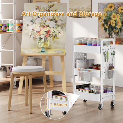 3 Tier Rolling Cart Metal with DIY Pegboard, White Utility Cart with Lockable Wheels, Three Tiered Craft Cart Organizer on Wheel, Utility Roller Storage Carts for Art, Baby Diaper Caddy, Snack, Book