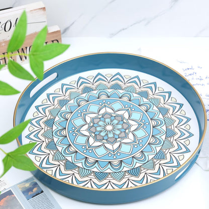 SforGUVA Round Cyan Decorative Tray for Coffee Table, Ottoman, 13” Plastic Serving Platter Tray with Handles for Entertaining, Living Room