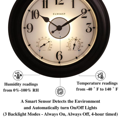 CLXEAST 24 Inch LED Self-Illuminated Outdoor Metal Clocks Waterproof, Large Lighted Outdoor Clock with Temperature and Humidity,Oil Rubbed Bronze Black,Spring Garden Decor