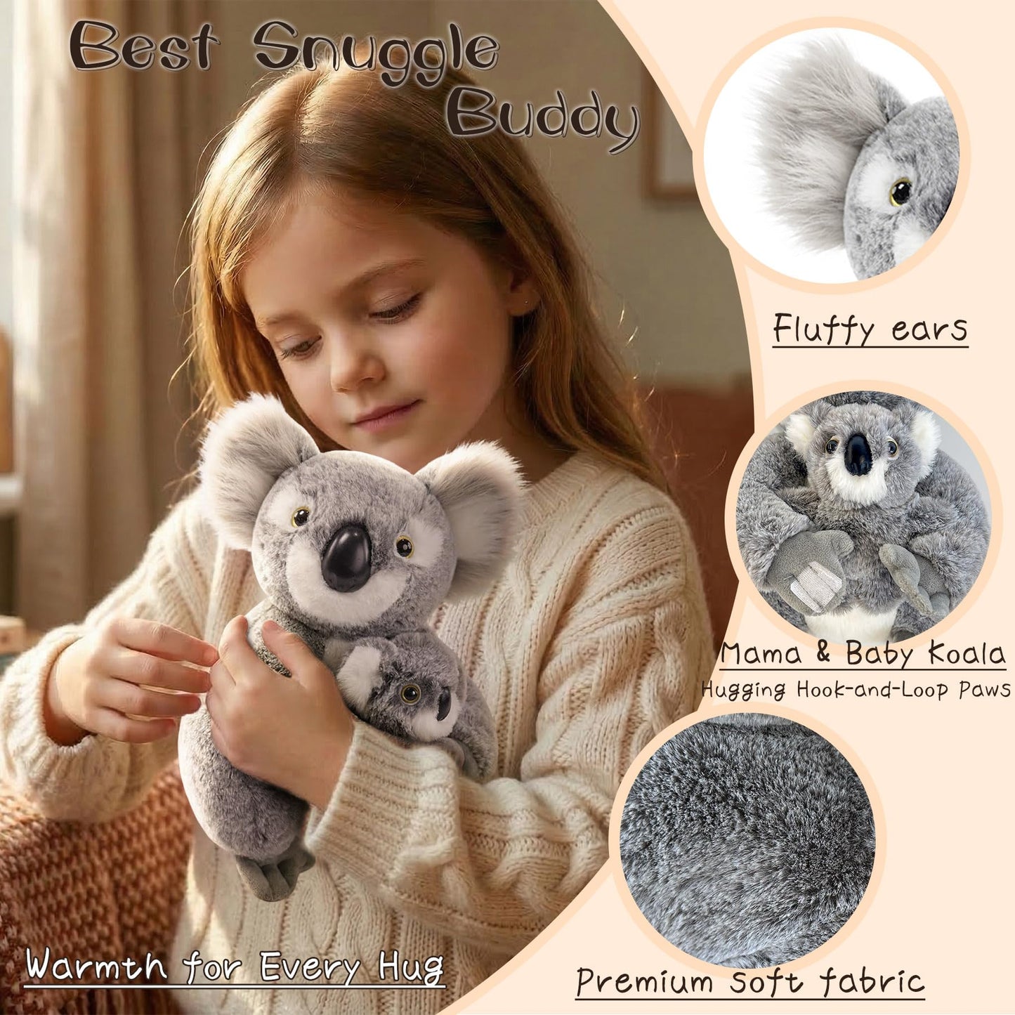 JUSTQUNSEEN 2PCS Koala Stuffed Animal with Baby Hugging Koala Bear Plush Toy 10 Inch Cute Soft Mom and Baby Plushies for Girls Girlfriend Women Valentines Day Gifts Kawaii Room Decor Love Present