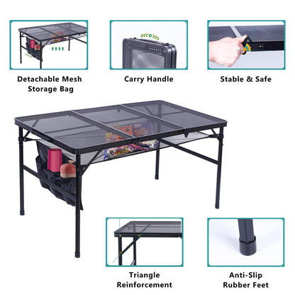 Nice C Table for Grill, Outdoor Table, Camping Cooking Picnic Tables, Card Tables Adjustable Height, Mesh Bag, Carry Handle (47.3” x 23.7“ x 14.7”/24.2“ Black)