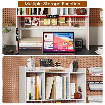 FNBAR Desktop Bookshelf,Countertop Storage Hutch with 3 Shelves for Computer Desk，2-Tier Display Rack with Grid Panel, Multipurpose Wood Desk Hutch Storage Organizer for Home Office Dorm (White)