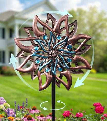 VUFOZ 360° Garden Wind Spinner for Outdoor Yard Art – W13xH64 Kinetic Windmill for Garden, Lawn, and Patio – Dahlia-Inspired Copper and Teal Wind Spinners Outdoor Decorative Yard Art