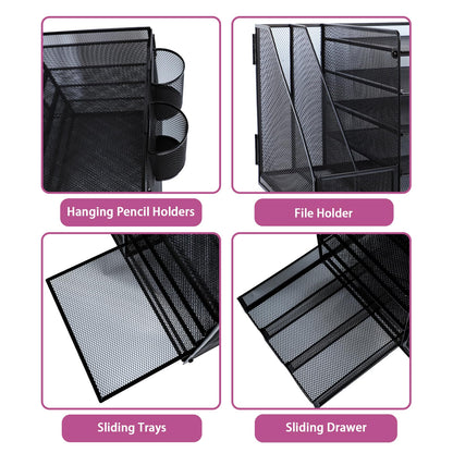 ideallife Desk Organizers and Accessories with File Holder, 5-Tier Paper Letter Tray Organiser with Drawer and 2 Pen Holder, Mesh Desktop Document Organizer for Office Supplies, Workspace - Black