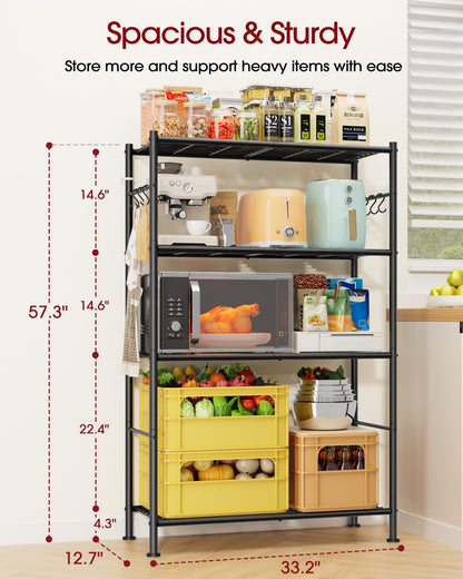 Sakugi Storage Shelves - 4-Tier Spacious Shelf Organizer with Hooks & Leveling Feet, Easy to Assemble, Rust-Resistant Garage Shelving for Kitchen, Pantry, Bedroom, 33.2" x 12.7" x 57.3", Black