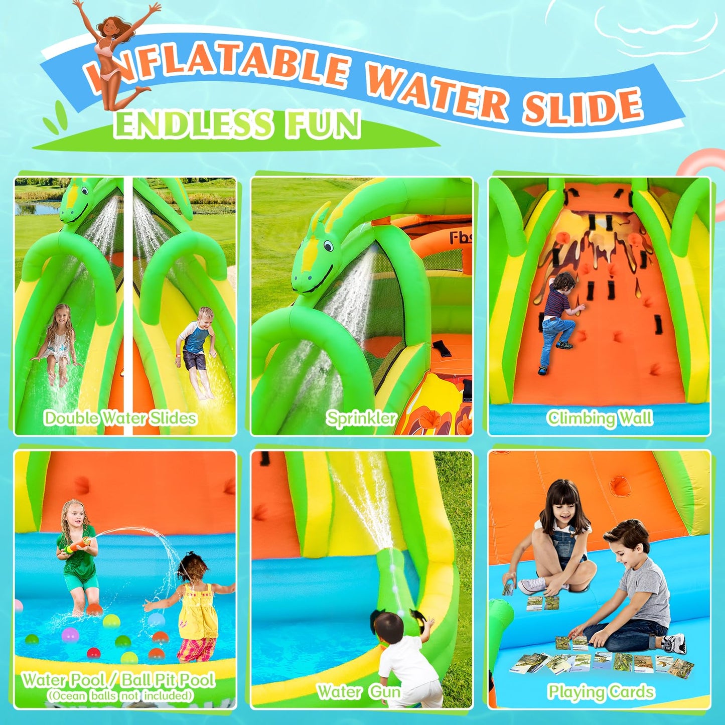 FBSPORT Inflatable Bounce House for Kids, Indoor Bounce House with Slide, Climbing, Water Guns, Bouncy Castle for Park Backyard Outdoor Indoor (with Blower)